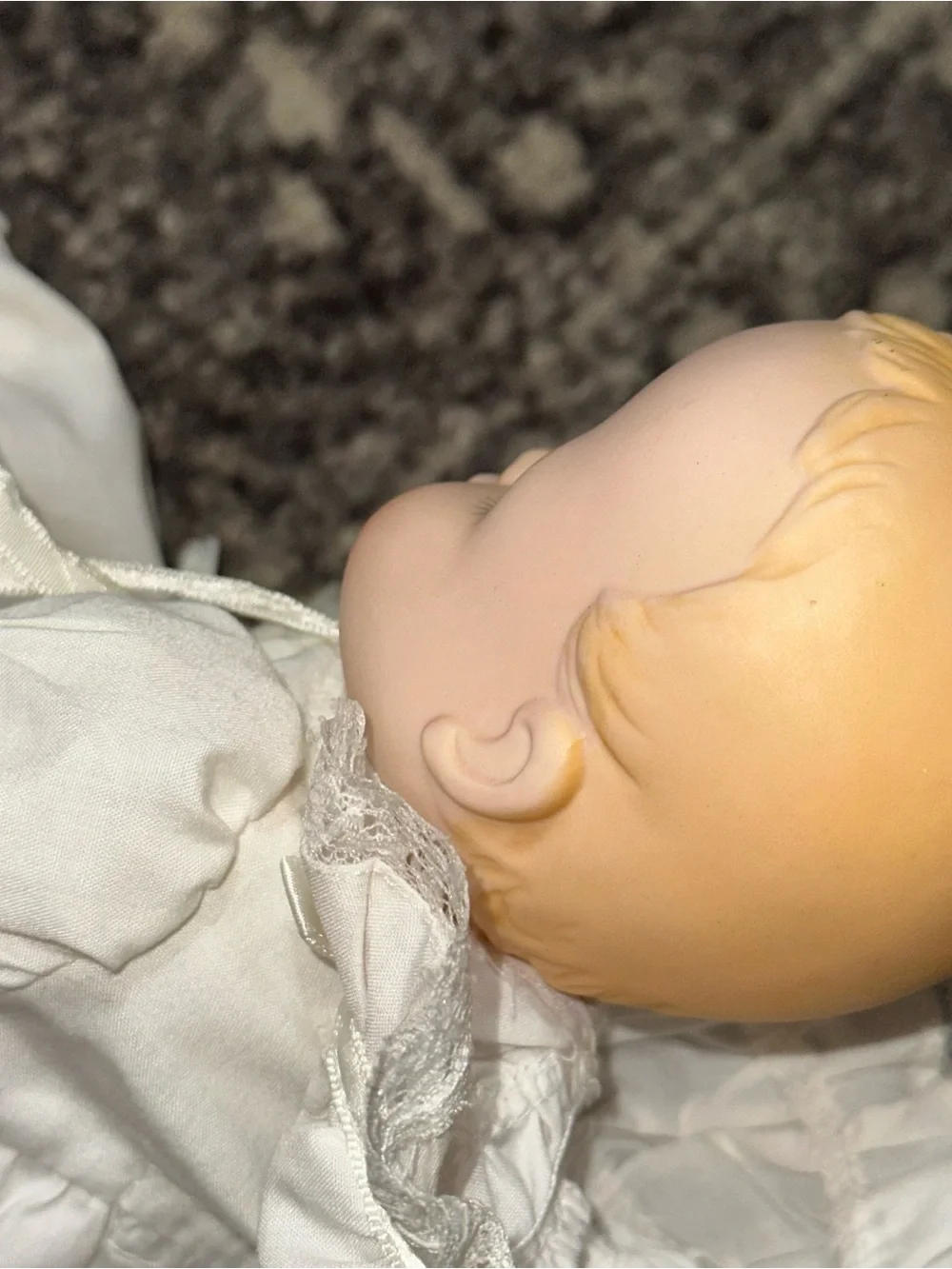 Russ Vintage White Porcelain & Cloth Baby Love Christening Doll with Lace Bonnet